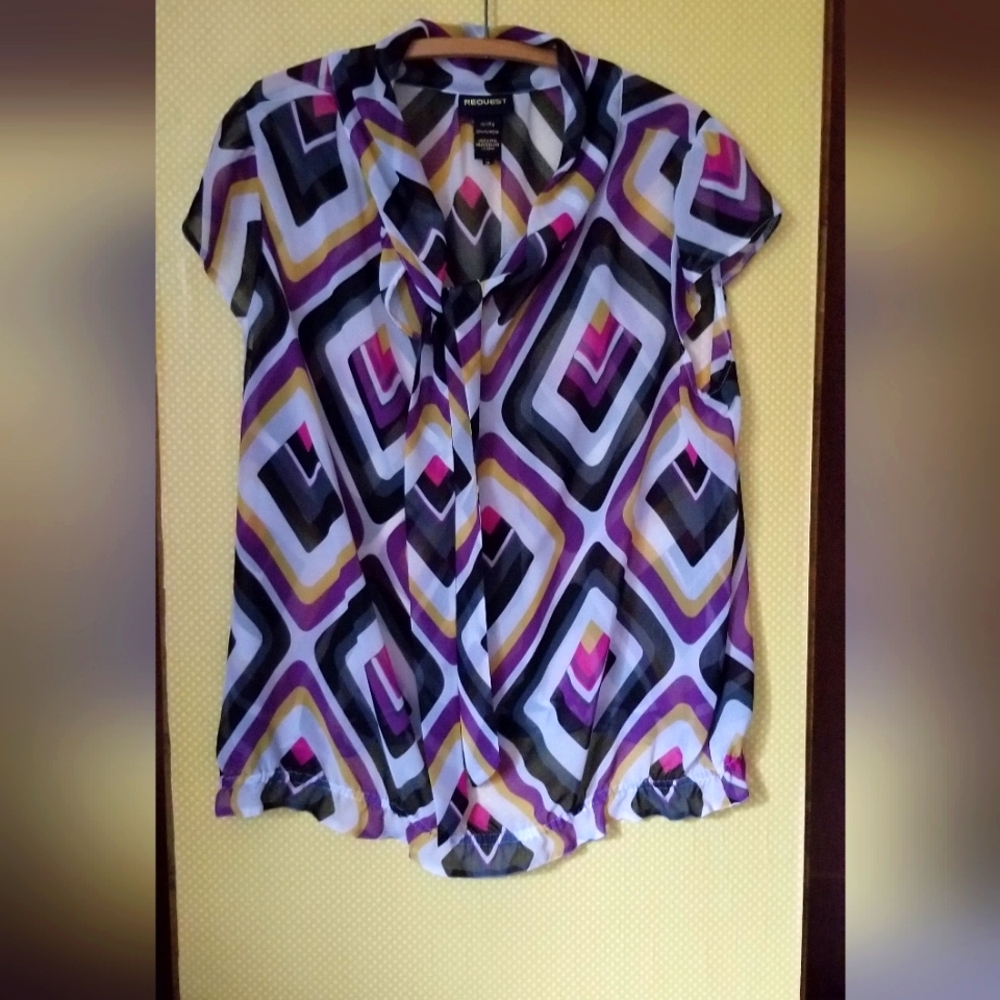 Retro patterned purple yellow black accented Sheer Top